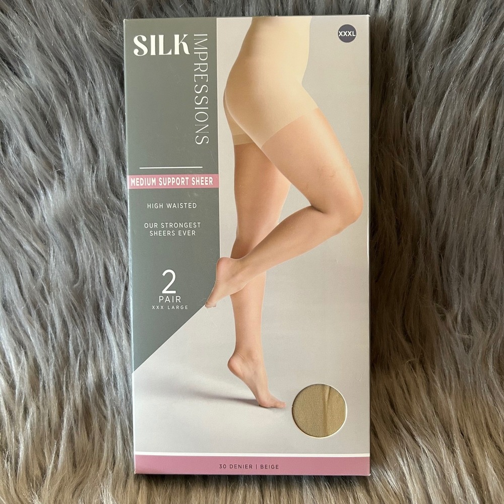 Silk Impressions Medium Support Sheer Tights Womens Size XXXL Beige High Waisted